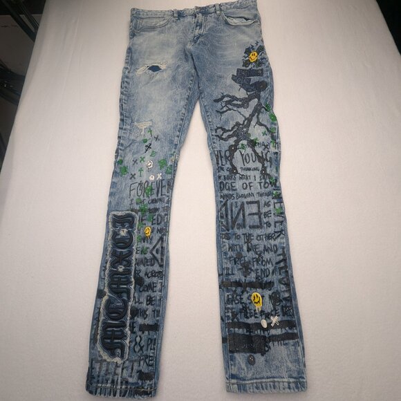 Men's Smoke Rize Sheffield Grafic Jeans Size 36/34 Blue - Picture 7 of 15